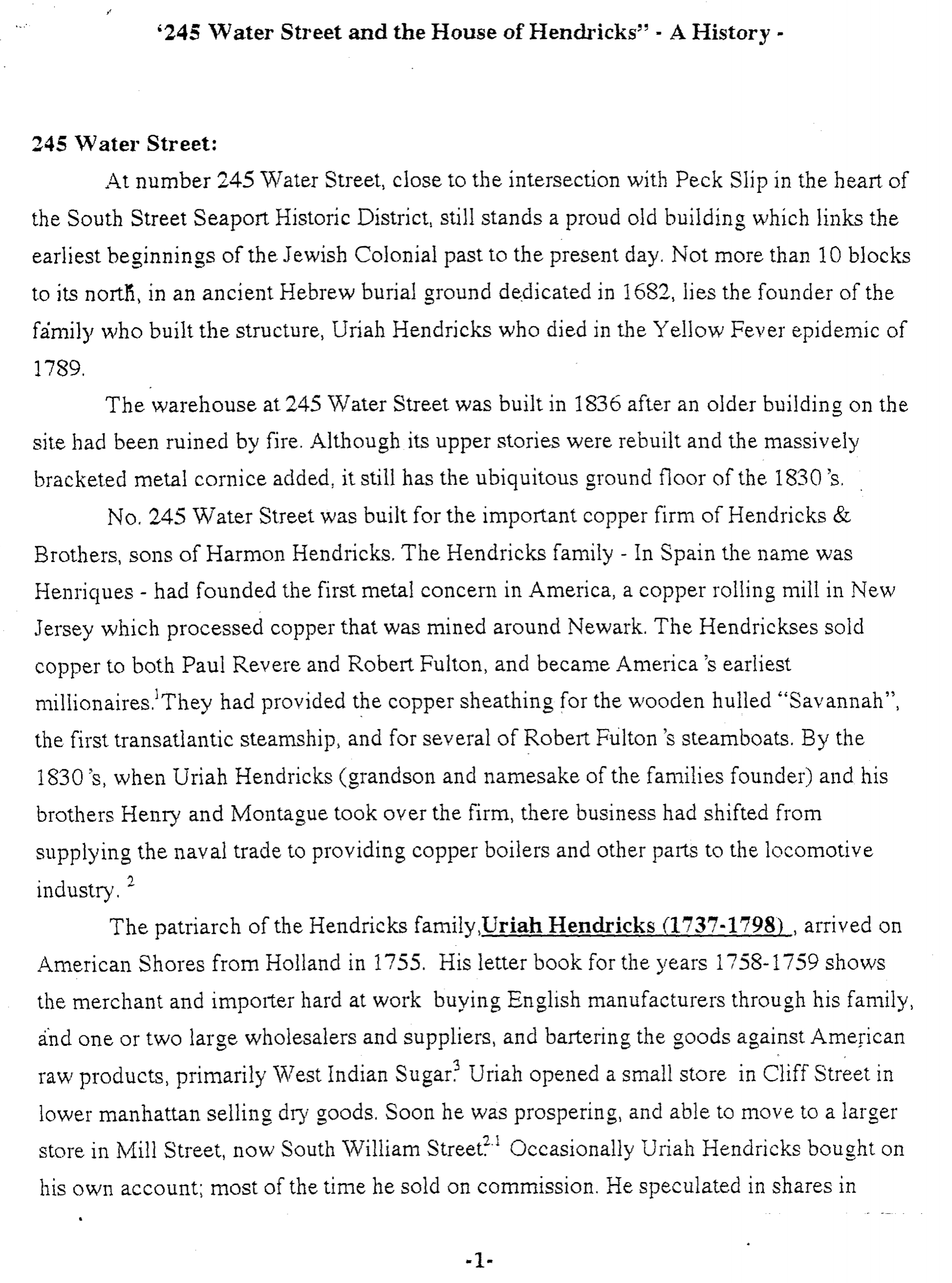 Historical background essay — 245 Water Street and the House of Hendricks